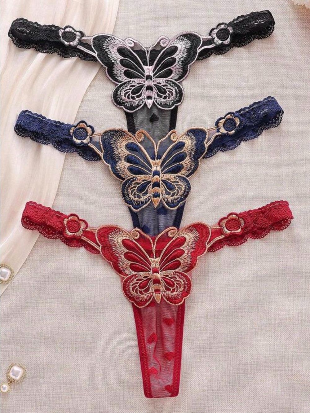 Butterfly Lace Thong Panty - Black / Navy / Red
